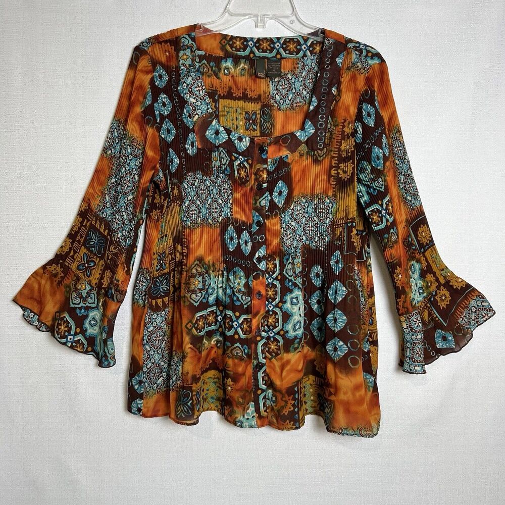 Sere Nade Pleated Blouse Women's Size XL Multicolor Square Neck Button Up Fall